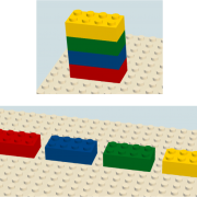Multi-colored lego blocks, stacked together and spread out separately. 
