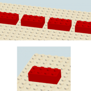 Red lego blocks, a group of four, followed by a single lego block.